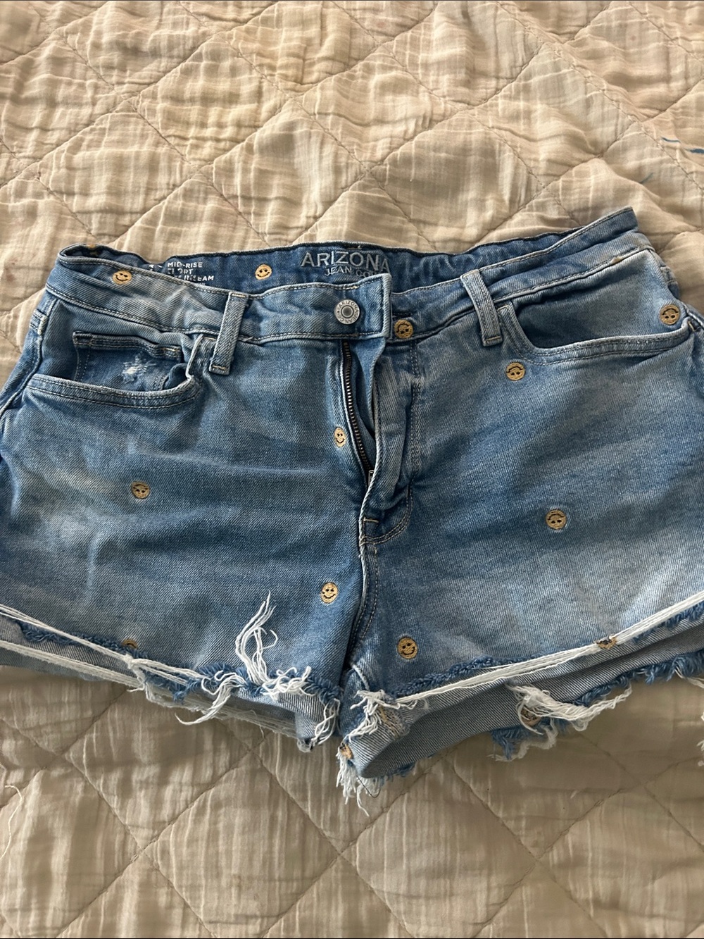 Arizona Jean Company Light Blue Distressed Denim Shorts with Gold Button Accents